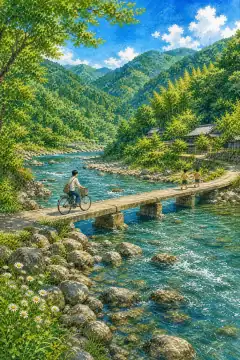 Shimanto River and Chinka-bashi (Low-Water Bridges)