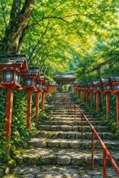贵船神社的石阶与灯笼