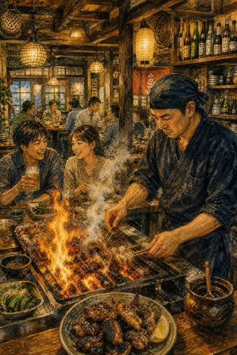 Charcoal-Grilled Jidori at an Izakaya