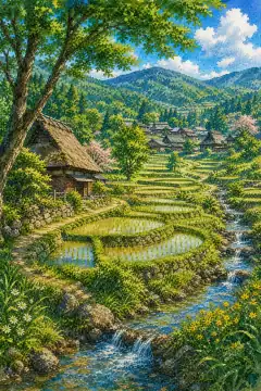 飞鸟的梯田与田园风光
