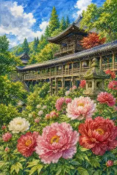 长谷寺的牡丹与回廊