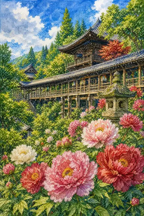 Peonies and the Long Covered Stairway at Hase-dera Temple