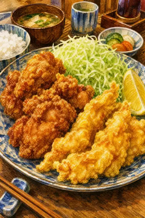 Toriten (Oita-style chicken tempura) and Karaage (Japanese fried chicken)