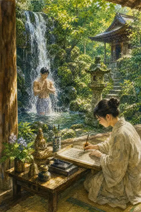 Takigyō (Waterfall Austerity) and Shakyō (Sutra Copying) Experience at Hōchi-in Temple