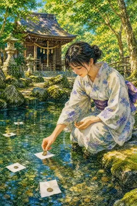 Mirror Pond Fortune-telling at Yaegaki Shrine
