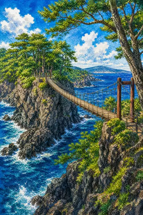 城崎海岸与门胁吊桥