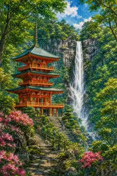 那智の滝と青岸渡寺の三重塔