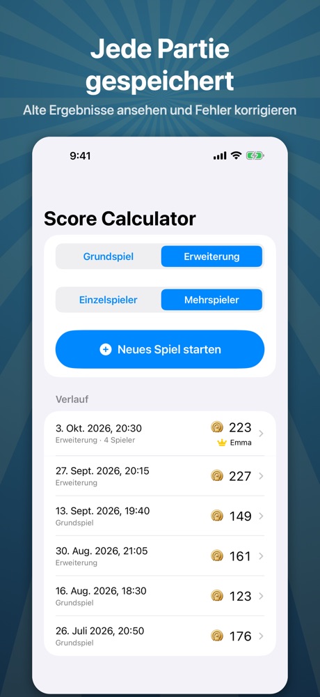 Der Startbildschirm: Grundspiel oder Erweiterung, Einzelspieler oder Mehrspieler, Neues Spiel starten und der Verlauf früherer Partien, darunter eine Mehrspieler-Partie mit ihrem Sieger