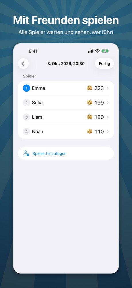 Mit Freunden spielen: die Spieler einer Mehrspieler-Partie, nach Punkten sortiert, darunter Spieler hinzufügen