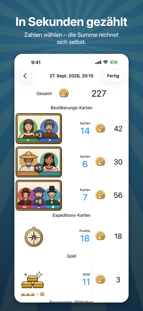 Der Punktezettel einer Partie: Bevölkerungs-Karten, Expedition und Gold, oben die Gesamtpunktzahl