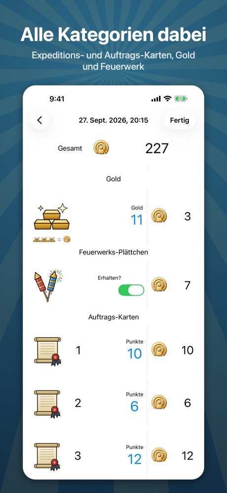 Gold, Feuerwerks-Plättchen und Auftrags-Karten auf dem Punktezettel